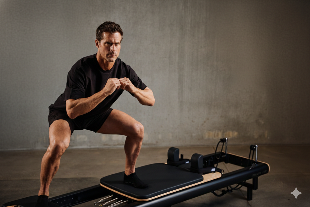 Man performing squat exercise next to Pilates reformer at Core Precinct